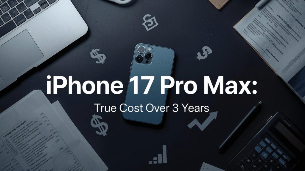 Feature image showing iPhone 17 Pro Max with financial documents and calculator highlighting true cost of ownership over 3 years