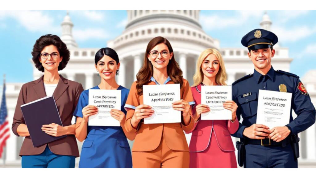 Public service worker celebrating student loan forgiveness approval under the PSLF program in 2025.