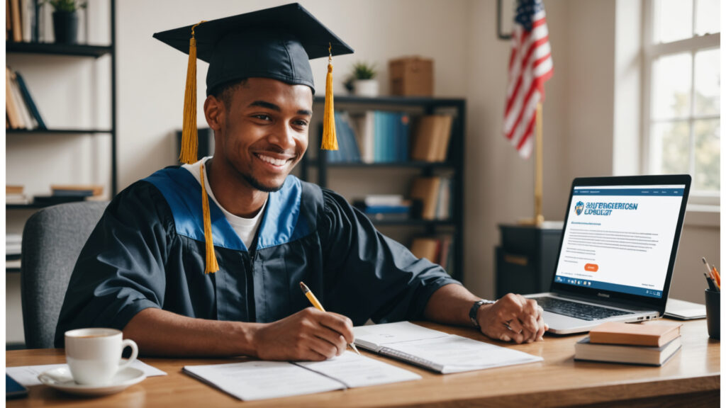 A smiling college graduate checking student loan forgiveness eligibility on a laptop in 2025.